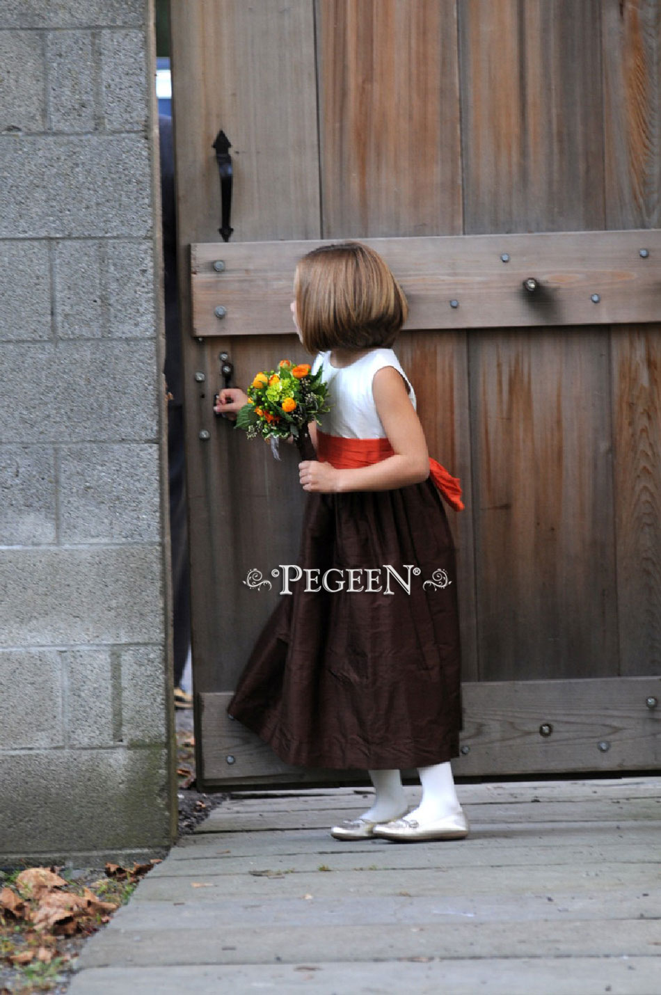Brown and burnt orange flower girl dresses and ring bearer suits