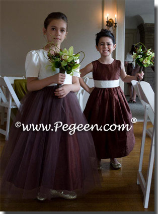 Brown chocolate sash with ivory tulle flower girl dresses from Pegeen Classics