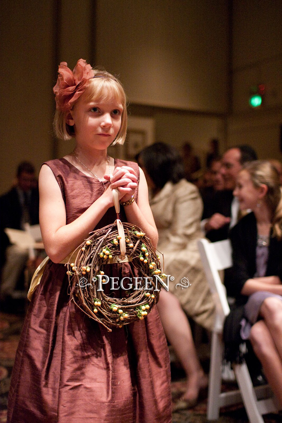 Brown & pineapple yellow silk flower girl dress to match Jim Hjelm's Pineapple