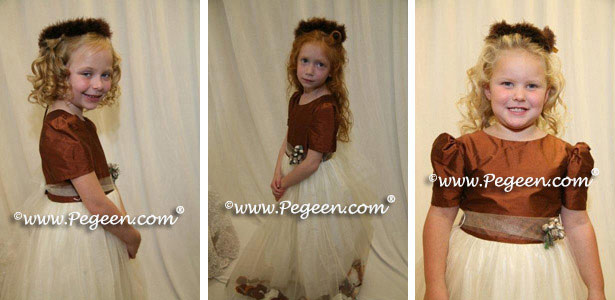 Fall colored brown silk and tulle flower girl dresses