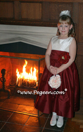 Ivory, burgundy red tulle flower girl dress