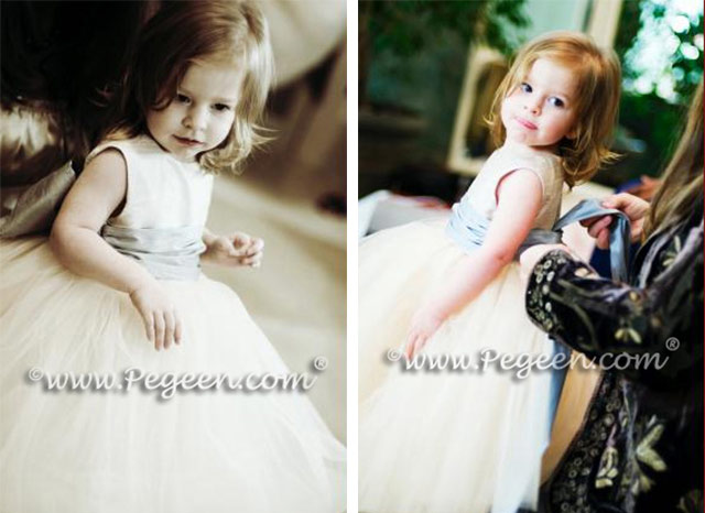 Flower Girl Dresses in Toffee and Powder Blue with Champagne Tulle