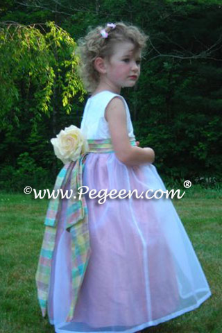 Plaid Trimmed Silk Ivory and Pink flower girl dresses Style 383