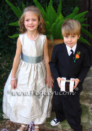 Jim Hjelm matching flower girl dress lagoon and fawn