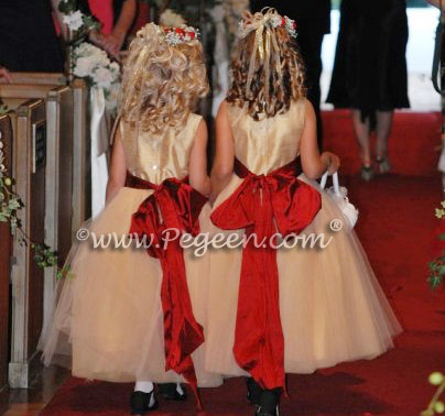 Gold and red silk and tulle flower girl dress