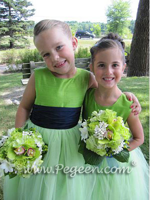 Custom Silk Flower Girl Dresses in Apple Green, Navy Sash and Tulle