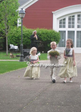 Summer Green and Iris Silk Flower Girl Dresses with back flowers