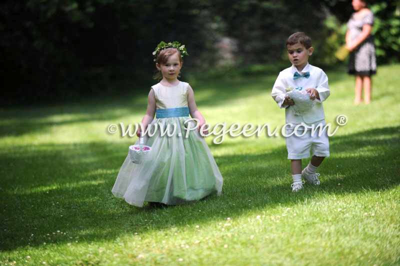 Summer green, blue and apple tulle flower girl dress