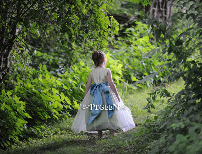 Summer green, adriatic blue and apple green tulle flower girl dresses from Pegeen Classics