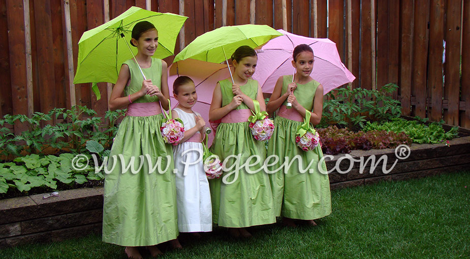 Sprite green and watermelon pink Silk flower girl dresses