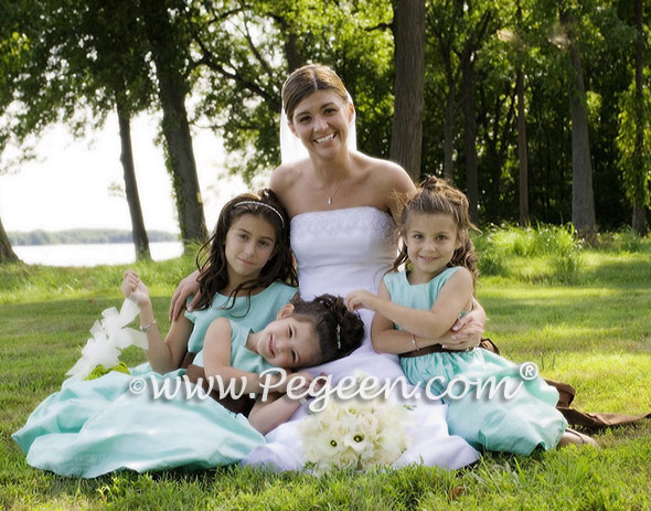 Style 398 in aqua and chocolate flower girl dresses