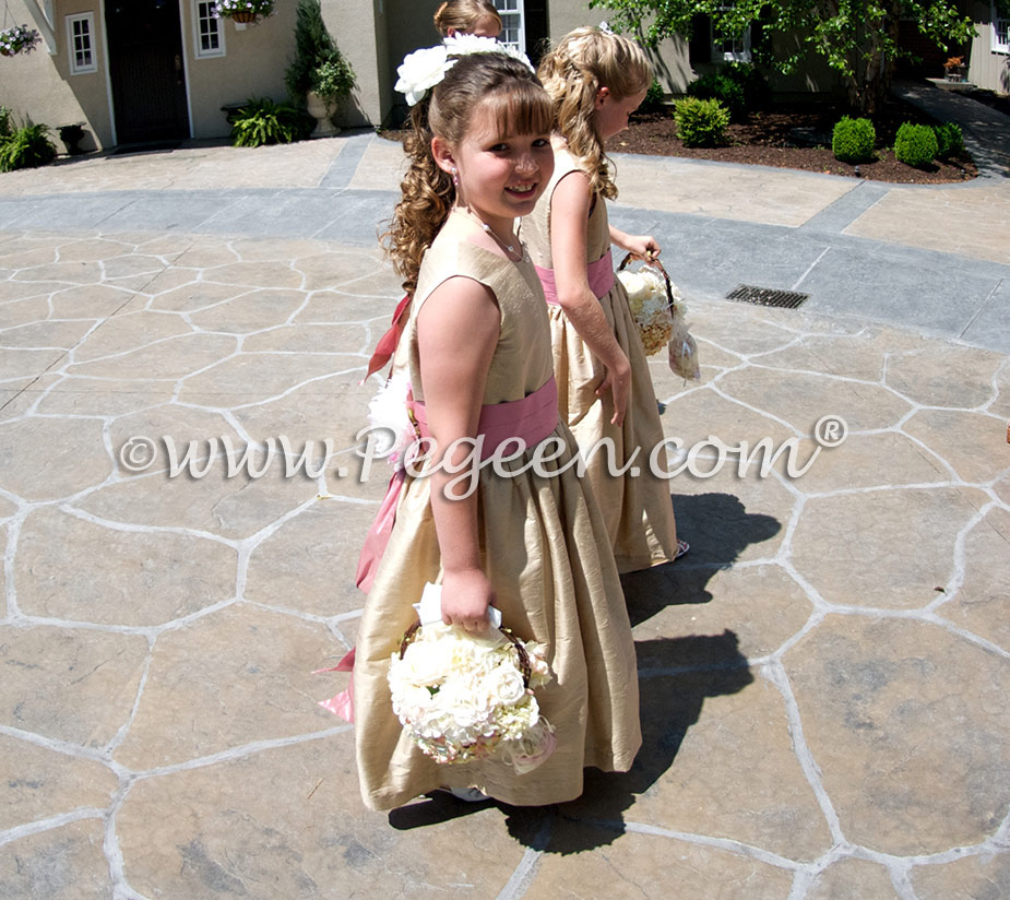 Flower girl dresses in light Golden Wheat and Watermelon Pink - Pegeen Style 383
