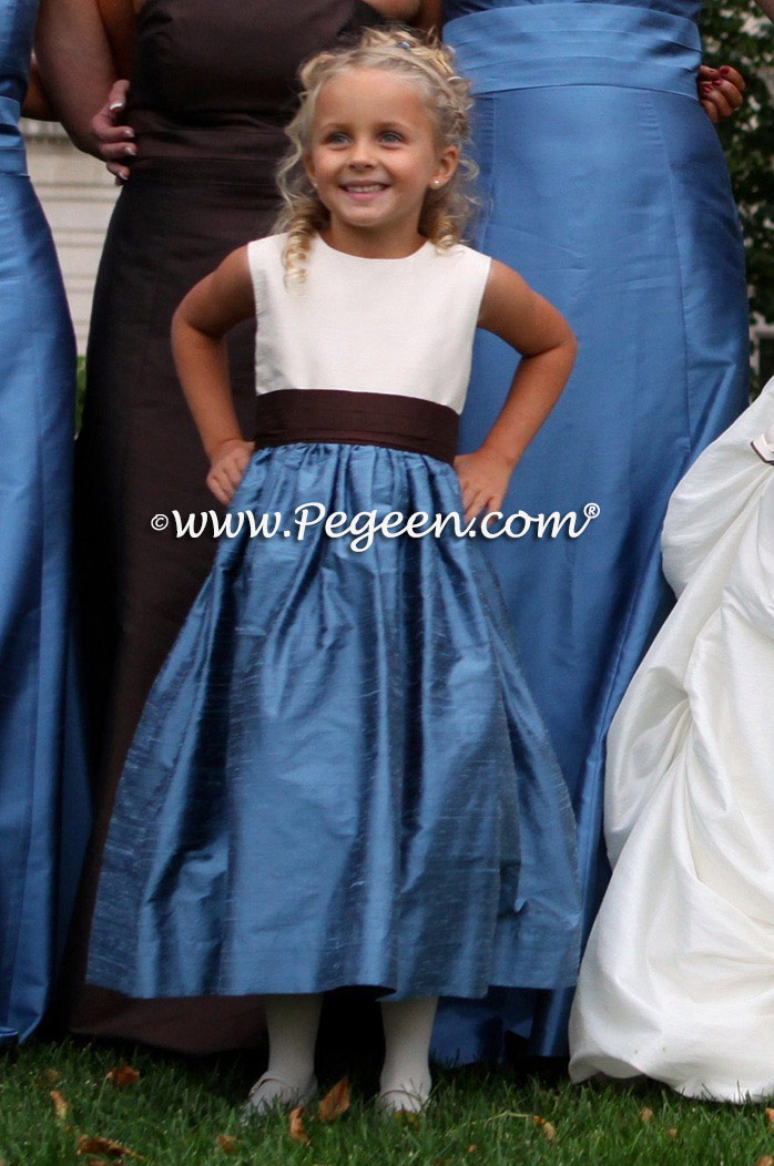 Silk flower girl dresses in Arial Blue and Chocolate Brown