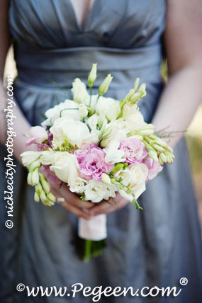 The bride chose Medium Gray and Antique White silk for her flower girl dress in style 398