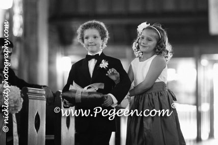 The bride chose Medium Gray and Antique White silk for her flower girl dress in style 398