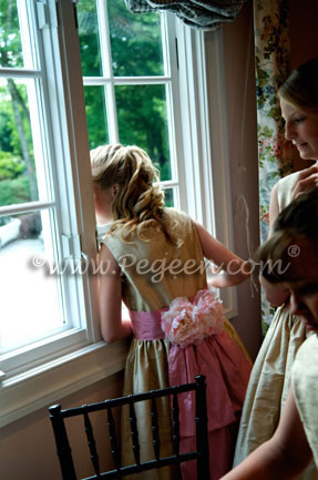 Flower Girl Dresses in Wheat and Watermelon pink