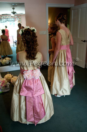 Flower Girl Dresses in Wheat and Watermelon pink