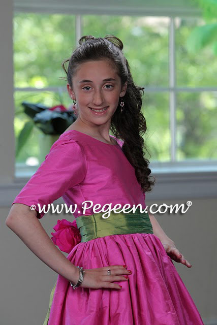 Cerise Pink and Lime Green Jr. Bridesmaids Dress, Bat Mitzvah Dress or  flower girl dress