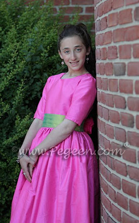 Cerise Pink and Lime Green Jr. Bridesmaids Dress, Bat Mitzvah Dress or  flower girl dress