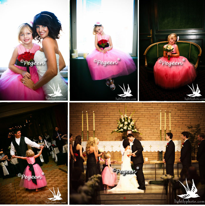 Bubblegum Pink, Black and Pink Tulle flower girl dresses with back roses on bustle - Pegeen Couture Style 402
