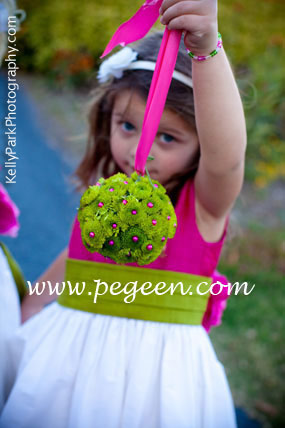 Flower girl Dresses in Raspberry and Grass Green by Pegeen