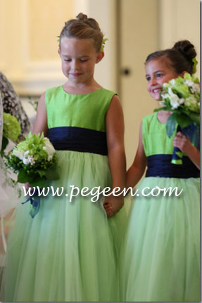 Lime green and navy blue silk couture flower girl dresses