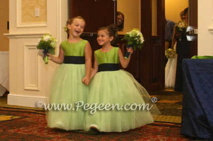 Apple Green and Navy Blue Tulle and Silk flower girl dresses
