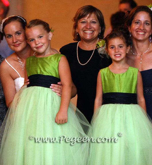 Apple Green and Navy Blue Tulle and Silk flower girl dresses