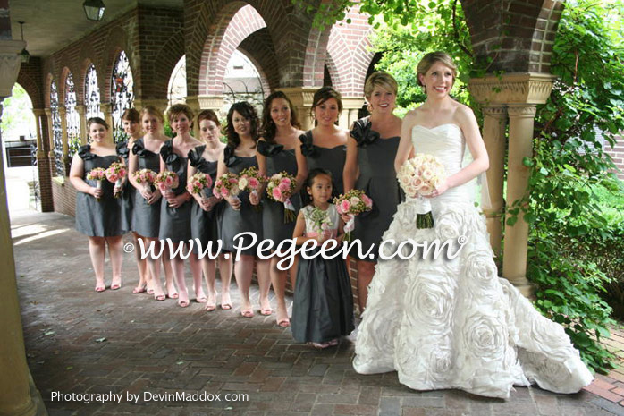 Pewter Gray, Bisque and Woodrose Pink silk flower girl dresses with back roses on bustle
