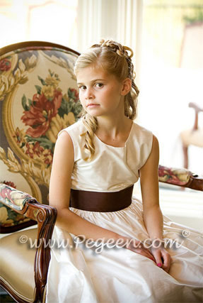 Ivory, Chocolate brown and Sprite green flower girl dresses