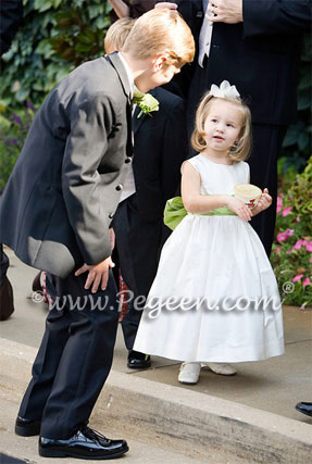 Ivory, Chocolate brown and Sprite green flower girl dresses