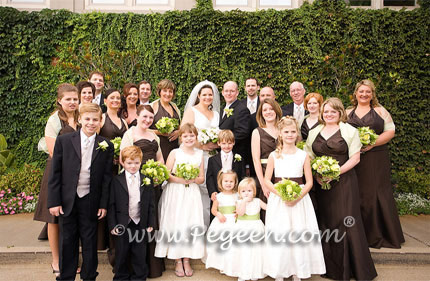 Ivory, Chocolate brown and Sprite green flower girl dresses