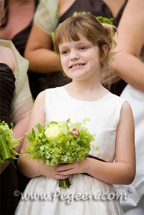 Ivory, Chocolate brown and Sprite green flower girl dresses