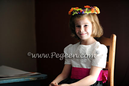 Black and Raspberry Silk flower girl dress with Pearled Bodice