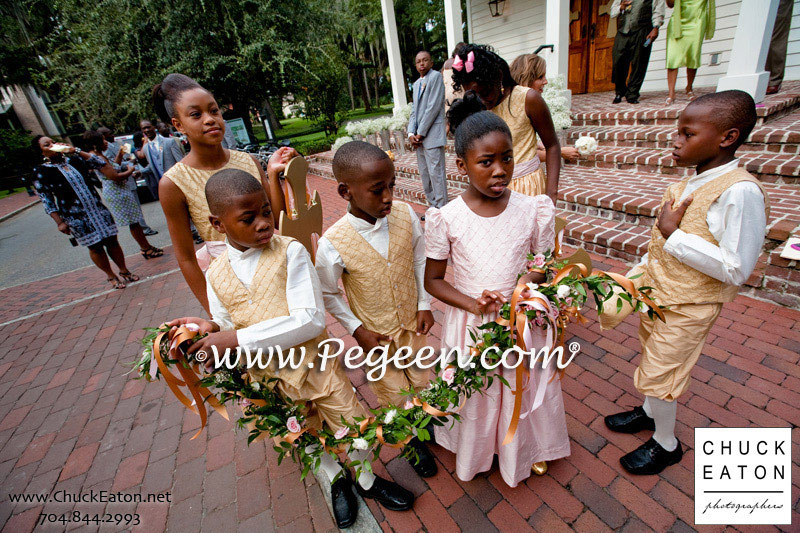 Flower girl dresses and Jr. Bridesmaids dresses and Ring Bearer Suits in Spun Gold and Petal Pink