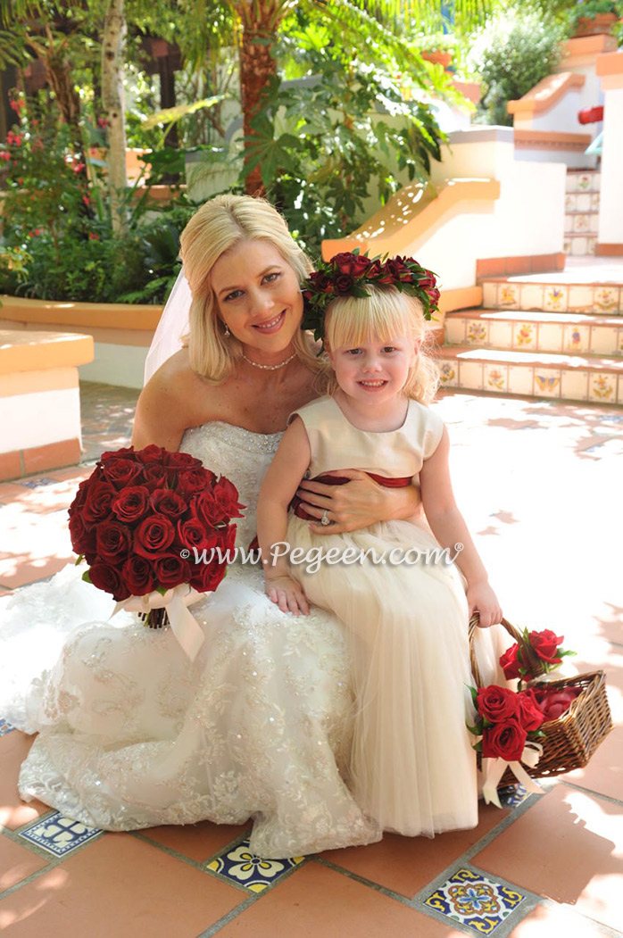 Champagne Ivory and Claret Red tulle flower girl dress