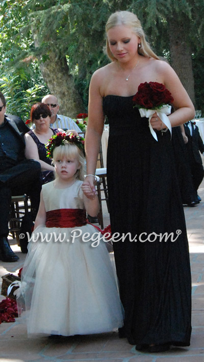 Champagne Ivory and Claret Red tulle flower girl dress