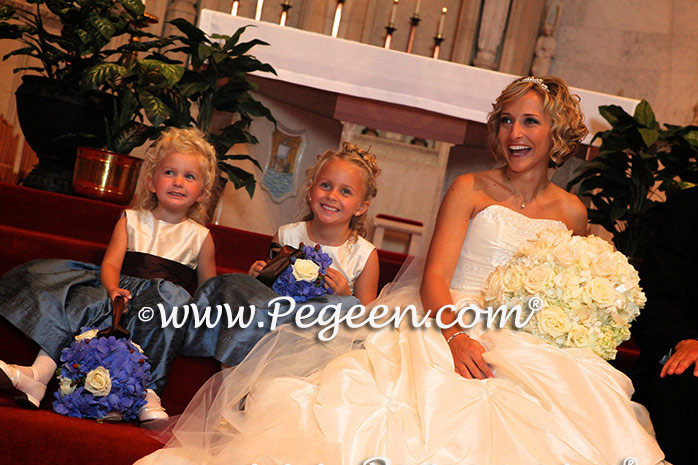 blue and brown chocolate silk couture flower girl dresses