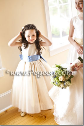 Ivory and Blue and Gold Silk ballerina tulle flower girl dresses