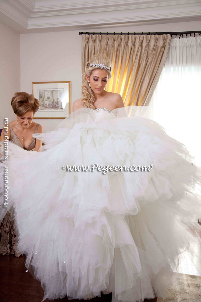 Flower Girl Dresses in New Ivory and Euro Lilac - Pegeen Couture Style 402 with Signature Bustle