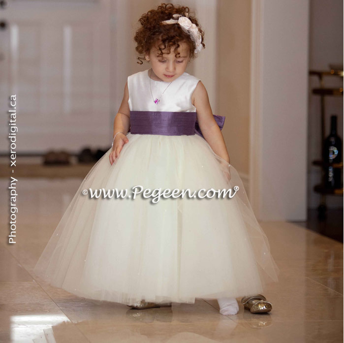 Flower Girl Dresses in New Ivory and Euro Lilac - Pegeen Couture Style 402 with Signature Bustle