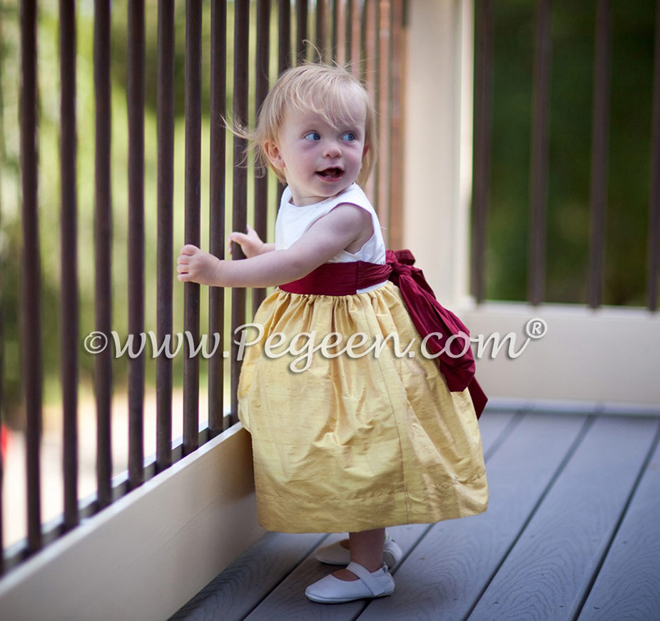 Featured Wedding in Mustard, Cranberry Flower Girl Dress | Pegeen