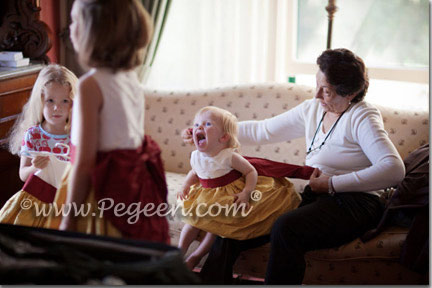 Mustard Yellow and Cranberry Red Silk flower girl dresses