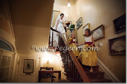 Mustard Yellow and Cranberry Red Silk flower girl dresses