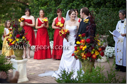 Mustard Yellow and Cranberry Red Silk flower girl dresses