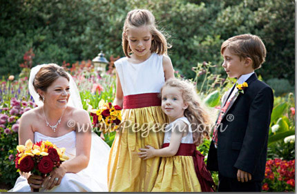 Mustard Yellow and Cranberry Red Silk flower girl dresses