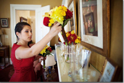 Mustard Yellow and Cranberry Red Silk flower girl dresses