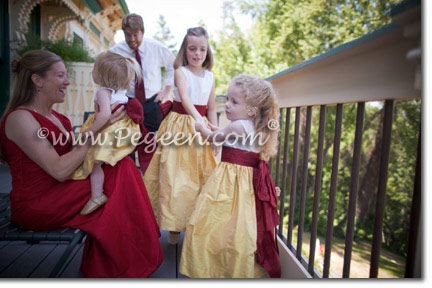 Mustard Yellow and Cranberry Red Silk flower girl dresses