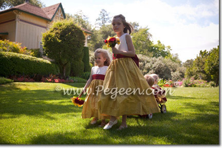 Mustard Yellow and Cranberry Red Silk flower girl dresses