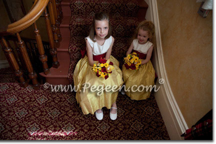 Mustard Yellow and Cranberry Red Silk flower girl dresses